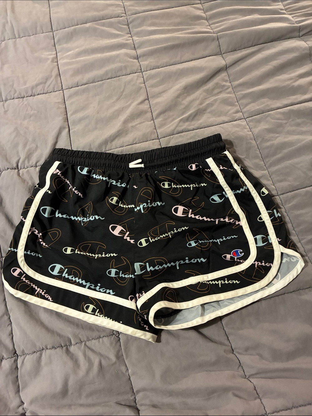 Champion Black Athletic Shorts with Multicolor Script Logo